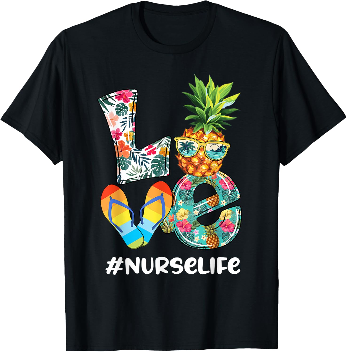 Cute Love Summer Pineapple Tropical Flip Flop Nurse Life Men Women Kids T-Shirt - T-Shirt | Black