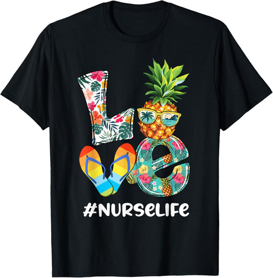 Cute Love Summer Pineapple Tropical Flip Flop Nurse Life Men Women Kids T-Shirt - T-Shirt | Black