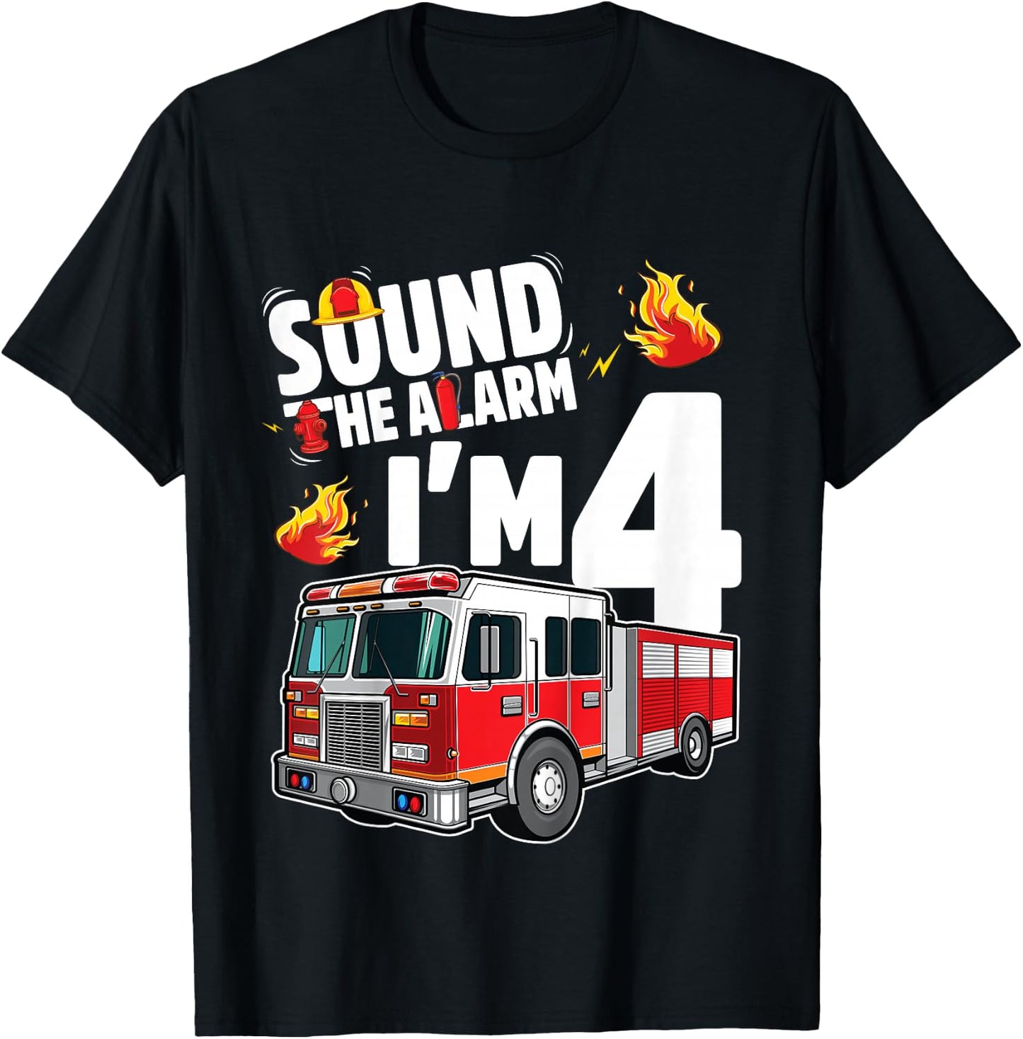 Fire Truck 4th Birthday Boy Firefighter 4 Year Old T-Shirt - T-Shirt | Black