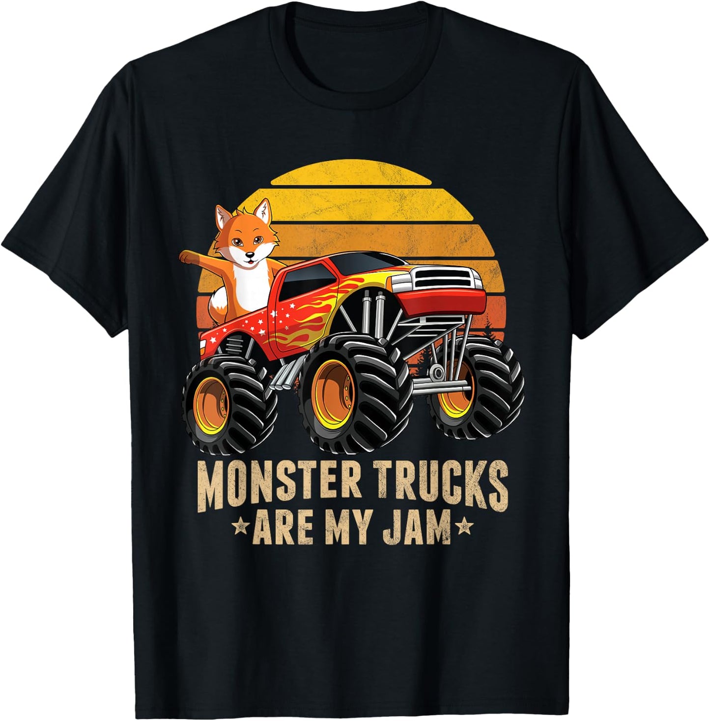 Vintage Fox Monster Truck Are My Jam Retro Sunset Boys Gift T-Shirt - T-Shirt | Black