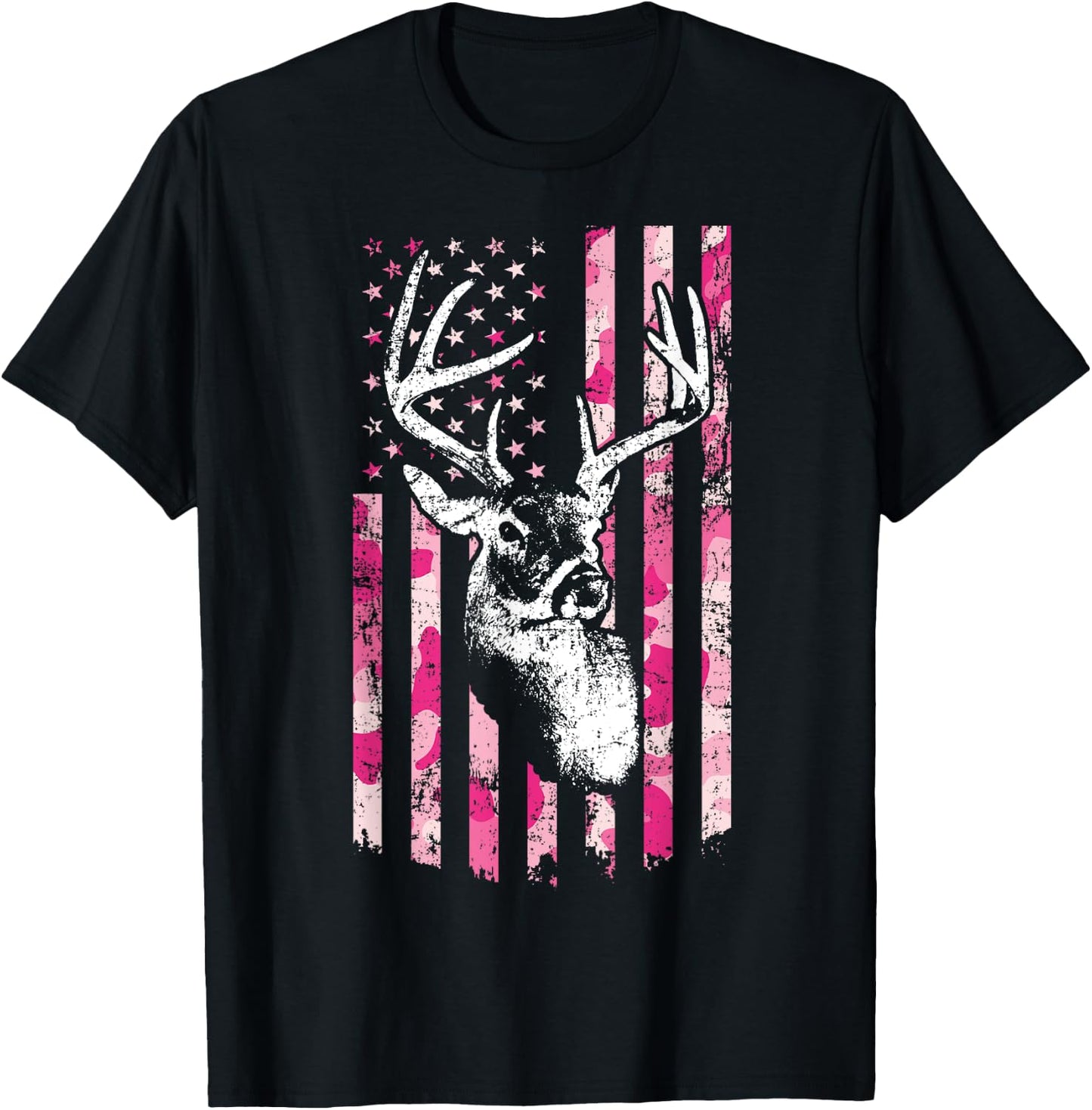 Whitetail Buck Deer Hunting Pink Camo American Flag T-Shirt - T-Shirt | Black