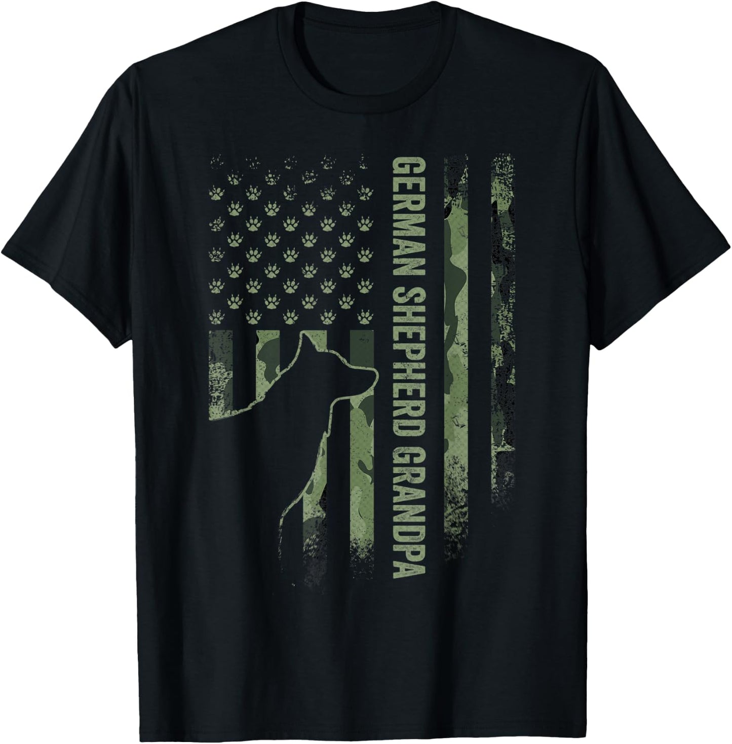 American Camo Flag Proud German Shepherd Grandpa Silhouette T-Shirt - T-Shirt | Black