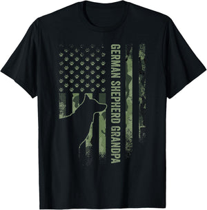 American Camo Flag Proud German Shepherd Grandpa Silhouette T-Shirt - T-Shirt | Black