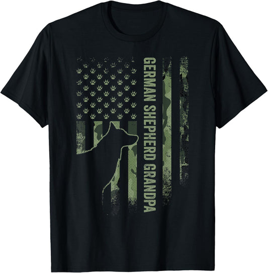 American Camo Flag Proud German Shepherd Grandpa Silhouette T-Shirt - T-Shirt | Black