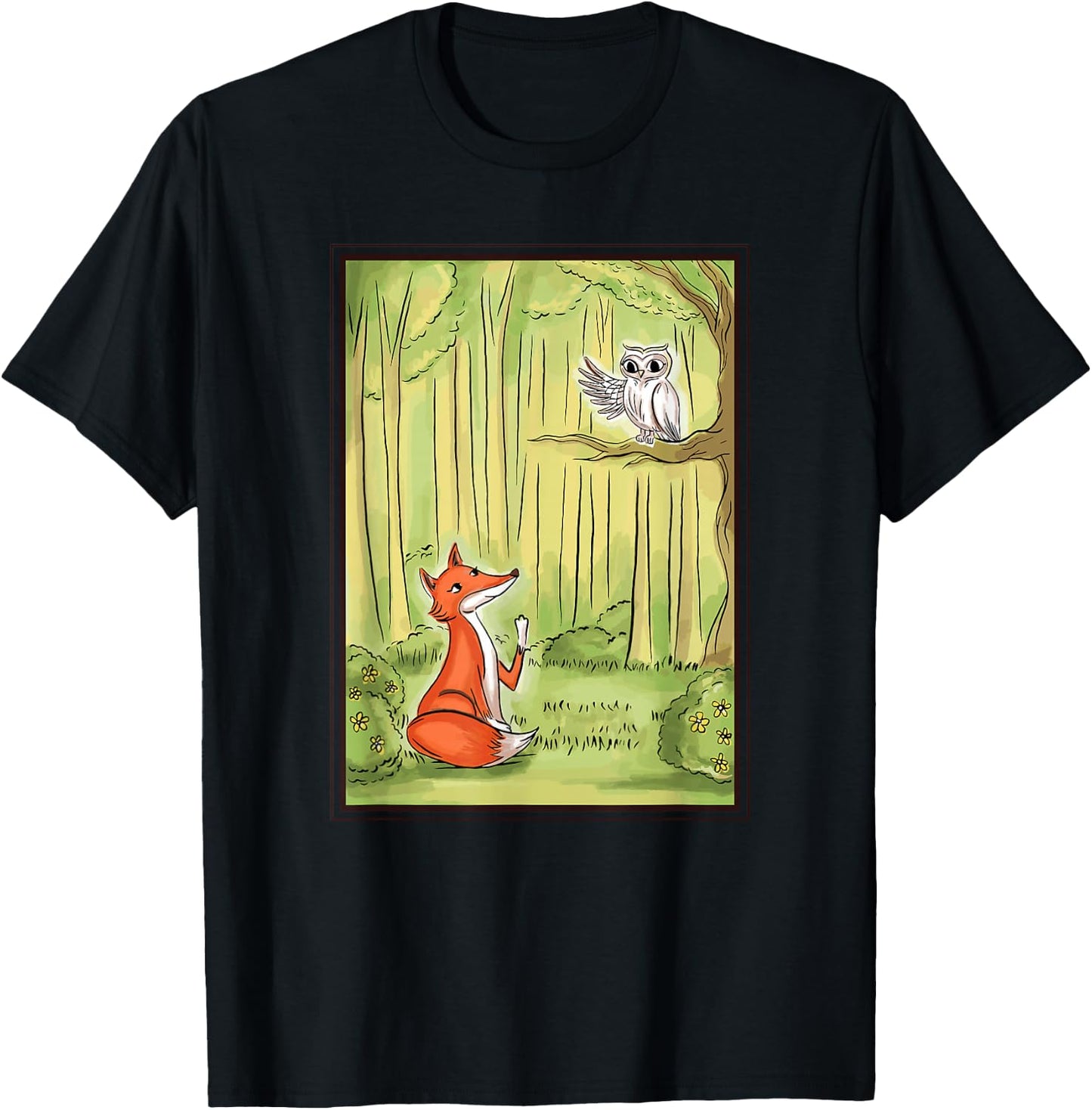 Fox And Owl Forest T-Shirt - T-Shirt | Black
