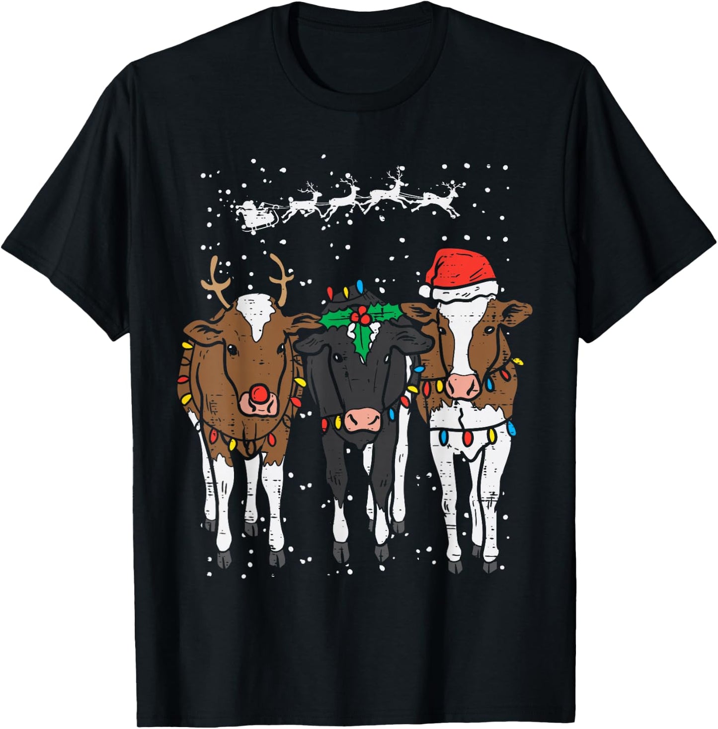 Reindeer Santa Cows Funny Farm Christmas Animal Lover PJ T-Shirt - T-Shirt | Black