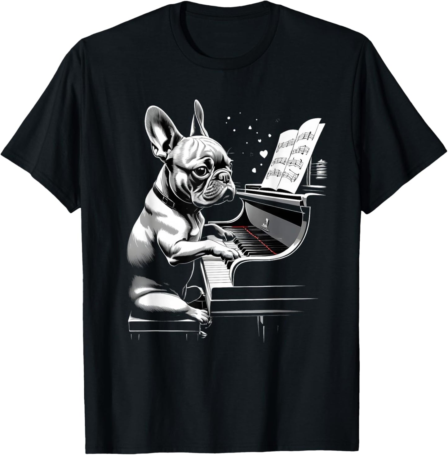 Cute French Bulldog Playing Piano Funny Dog and Piano Lover Men Women Kids T-Shirt - T-Shirt | Black