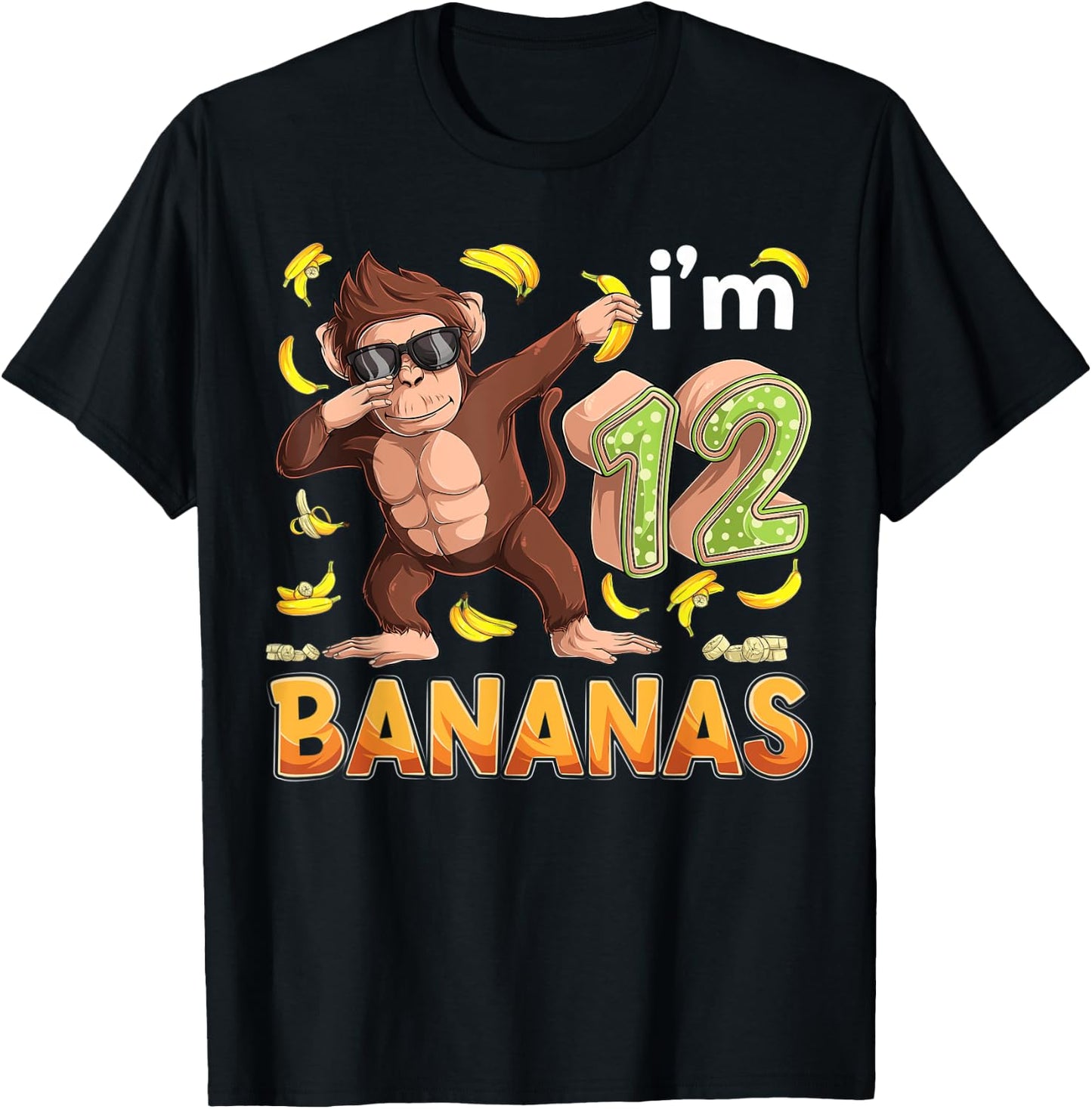 12 Year Old Monkey Birthday Safari Jungle Animal 12th B-day T-Shirt - T-Shirt | Black