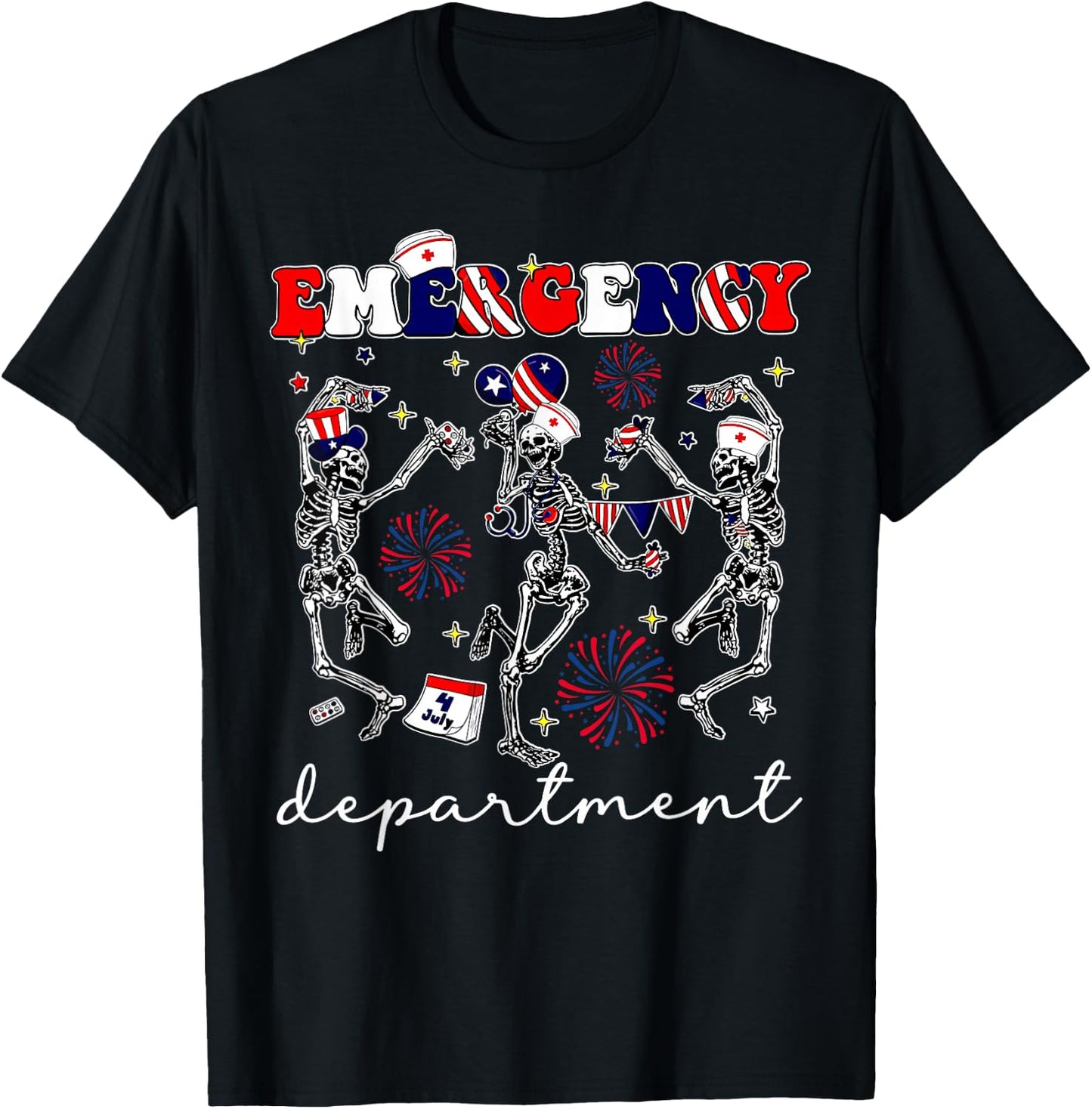 Emergency Department Skeleton Dancing ER Nurse 4th Of July T-Shirt - T-Shirt | Black