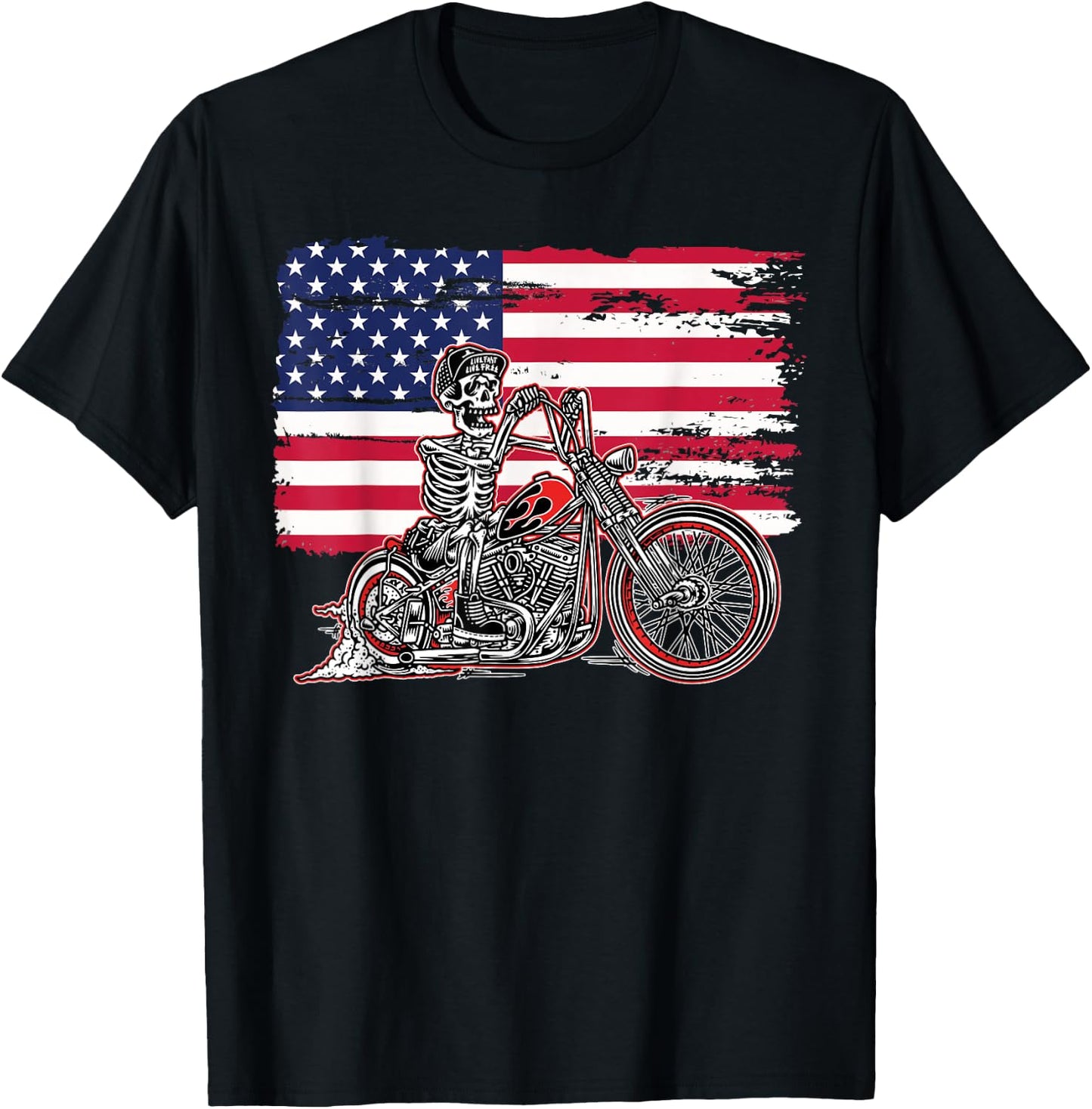 American Flag Motorcycle Skeleton Biker Bobber Chopper Rider T-Shirt - T-Shirt | Black