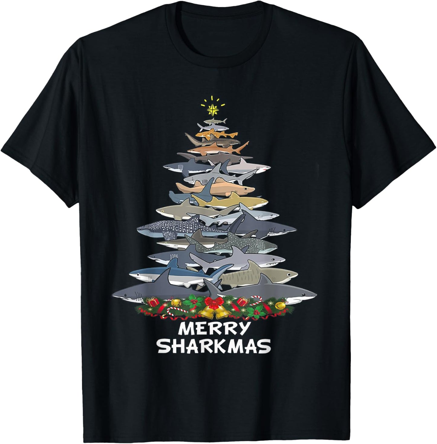 Merry Sharkmas Funny Shark Tree Xmas T-Shirt - T-Shirt | Black