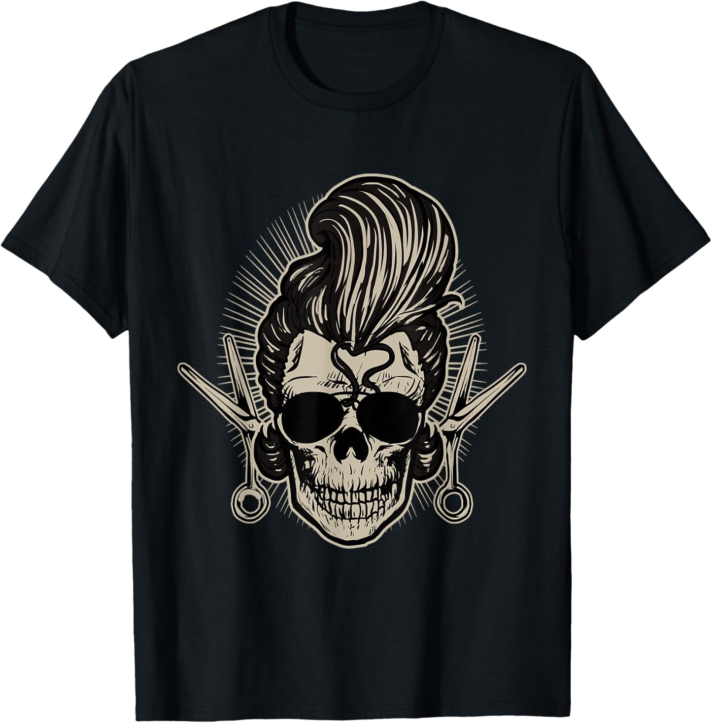 Rockabilly Skull Barber Scissors Biker Rock Music Pin Up T-Shirt - T-Shirt | Black