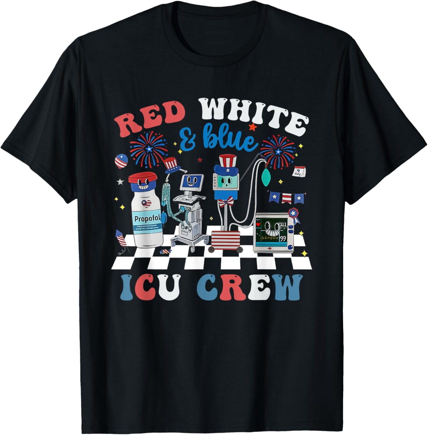 Red White Blue ICU Nurse Crew 4th of July Independence Day T-Shirt - T-Shirt | Black