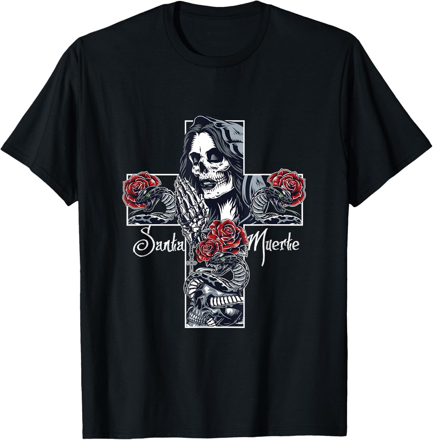 Skull Santa Muerte Cross T-Shirt - T-Shirt | Black