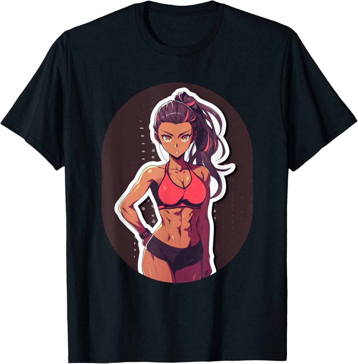 Dark Skin Anime & Manga Style Gym Girl Posing in Gym Clothes T-Shirt - T-Shirt | Black