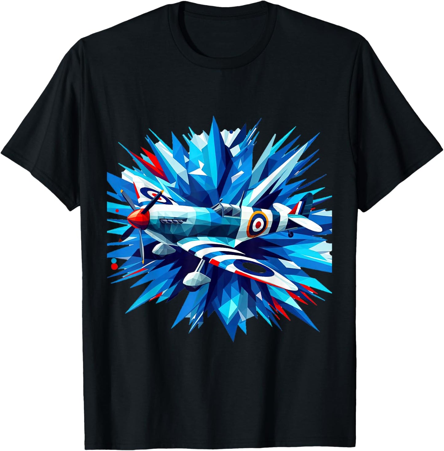Spitfire WW2 Airplane Rainbow Ice Splash Blue Rays T-Shirt - T-Shirt | Black