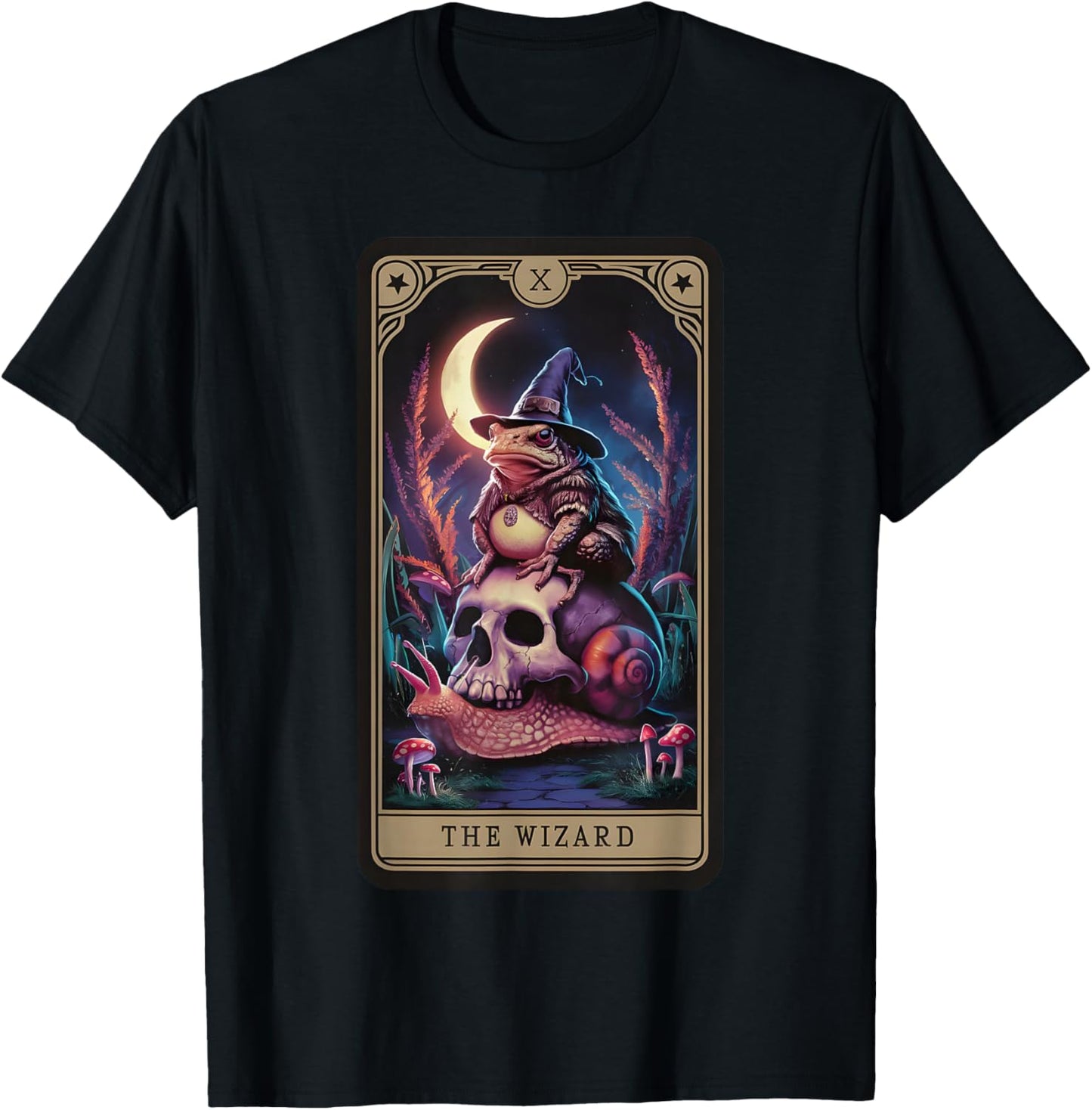 The Wizard Tarot Witchy Frog Riding Skull Snail Goblincore T-Shirt - T-Shirt | Black