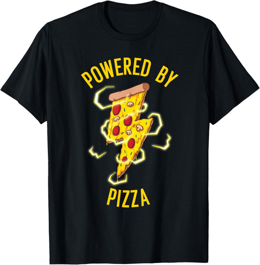 Funny Powered By Pizza Gift Kids Men Women Cool Pizza Lover T-Shirt - T-Shirt | Black