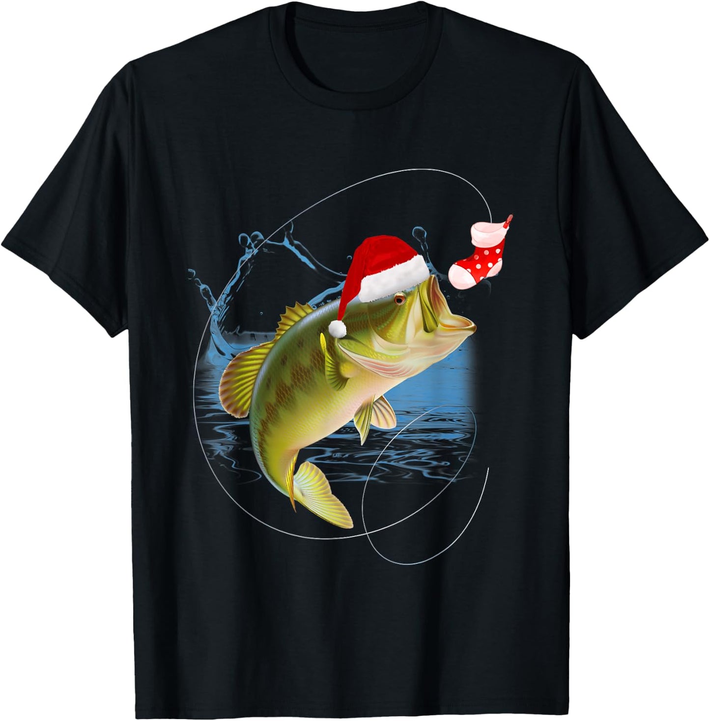 Funny Bass Fishing Santa Hat Christmas Pajama Fishermen Fish T-Shirt - T-Shirt | Black