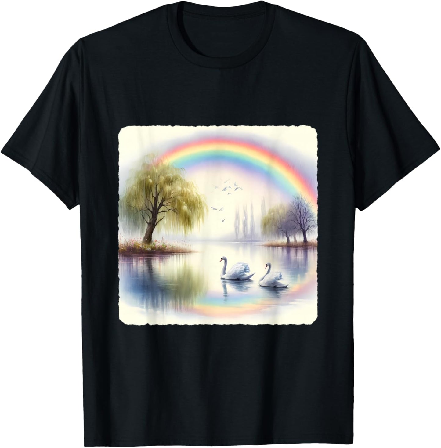 Rainbow Over Swan Lake With Swans. Willow Trees Peaceful T-Shirt - T-Shirt | Black