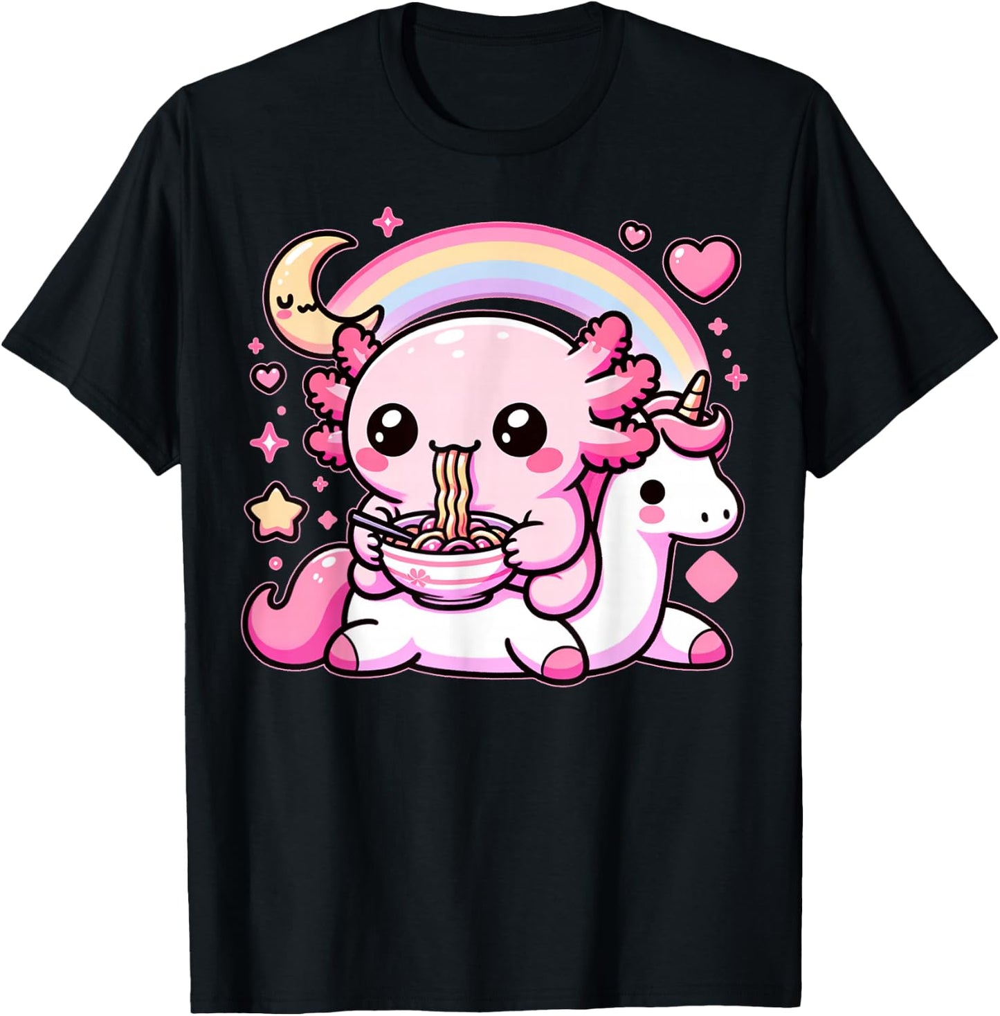 Anime Kawaii Axolotl Eating Ramen Noodles Kids Teen Girl Boy T-Shirt - T-Shirt | Black