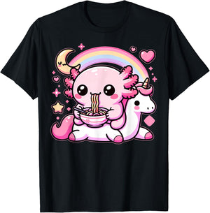 Anime Kawaii Axolotl Eating Ramen Noodles Kids Teen Girl Boy T-Shirt - T-Shirt | Black