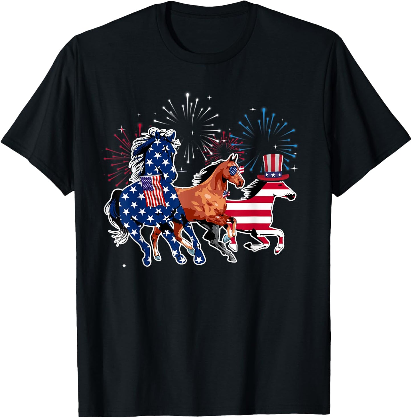 Happy 4th Of July American Flag Red White Horse And Blue Kids Men T-Shirt - T-Shirt | Black