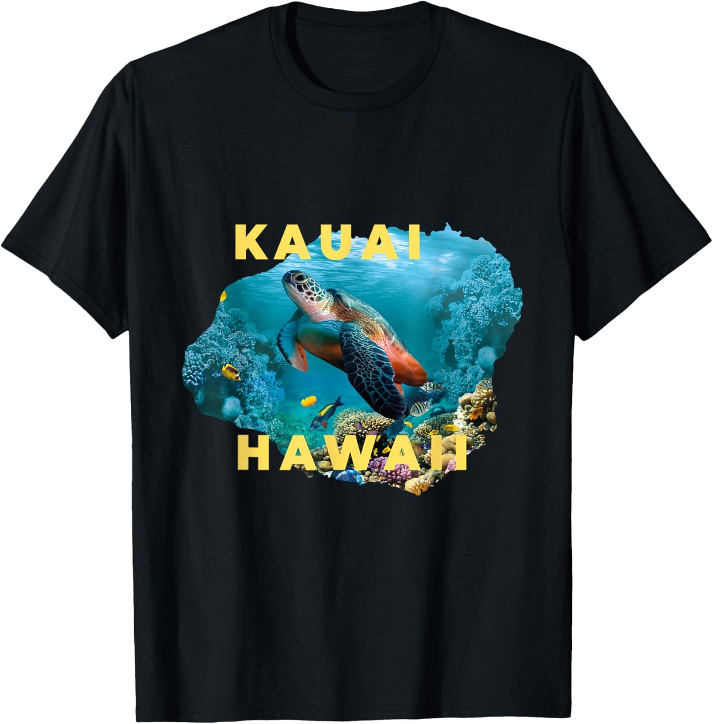 Sea Turtle Inside Kauai Island Map Hawaii Scuba Diving Surf T-Shirt - T-Shirt | Black