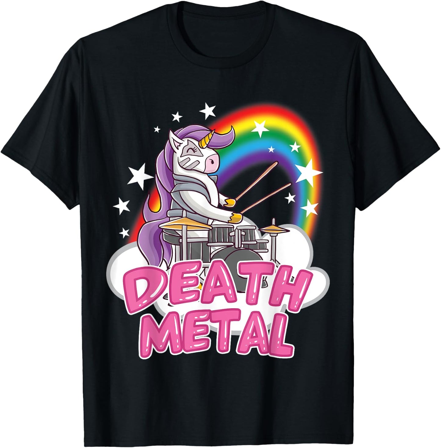 Death Metal Pink Unicorn Rock Music Band Drums Drummer T-Shirt - T-Shirt | Black