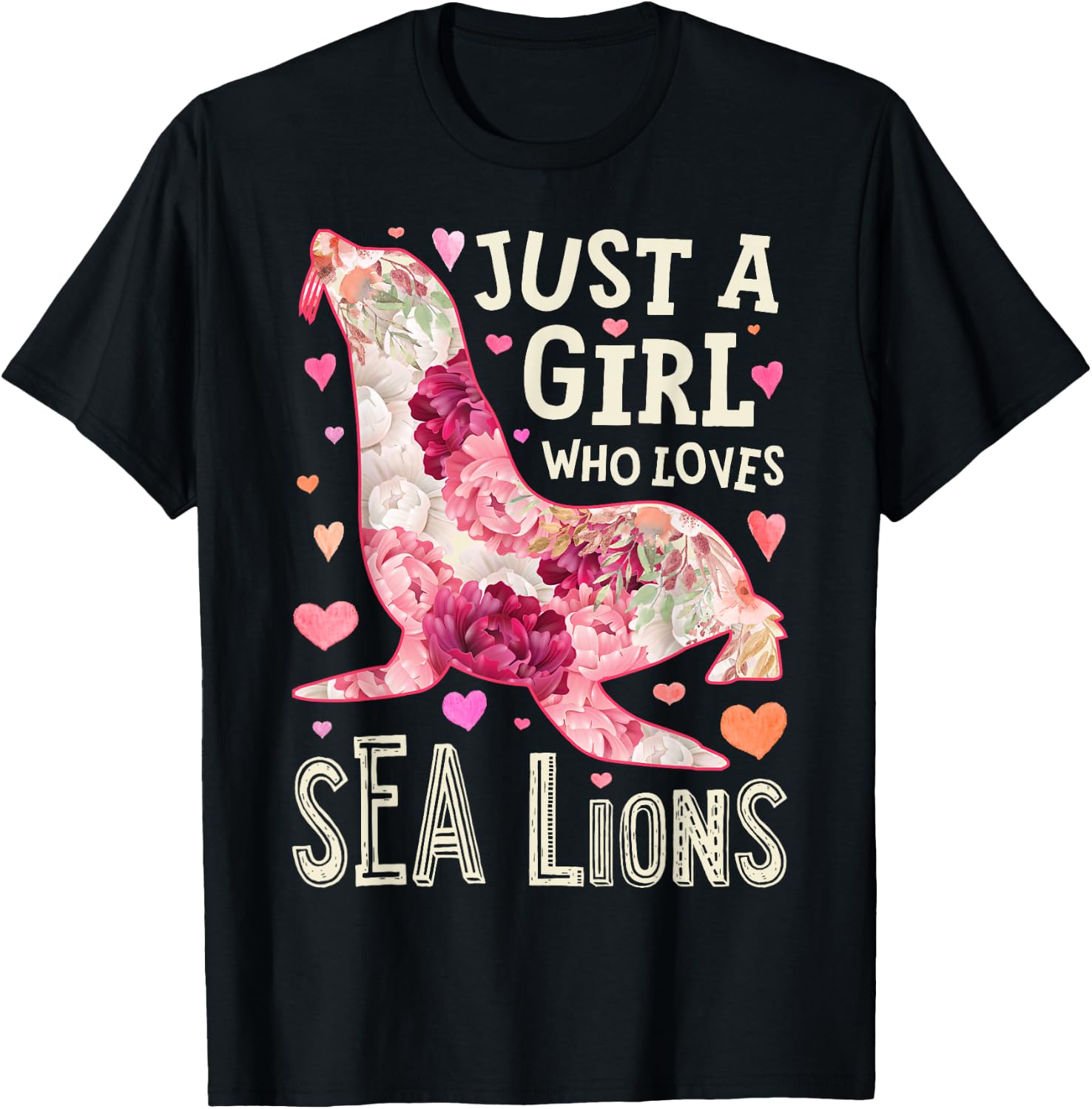 Sea Lion Just A Girl Who Loves Animal Flower Women Floral T-Shirt - T-Shirt | Black