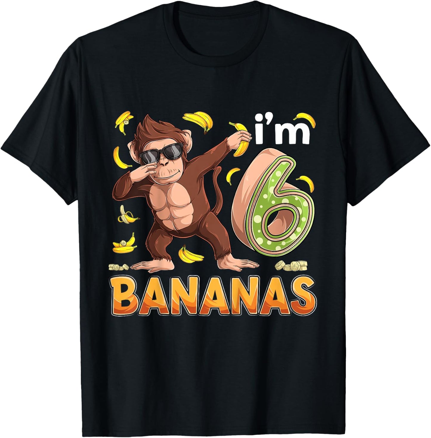 6 Year Old Monkey Birthday Safari Jungle Animal 6th B-day T-Shirt - T-Shirt | Black