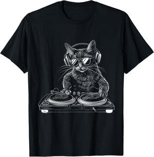 DJ Cat EDM Techno House Music Funny Cat Lover T-Shirt - T-Shirt | Black