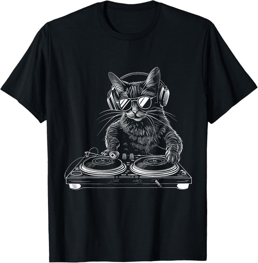 DJ Cat EDM Techno House Music Funny Cat Lover T-Shirt - T-Shirt | Black