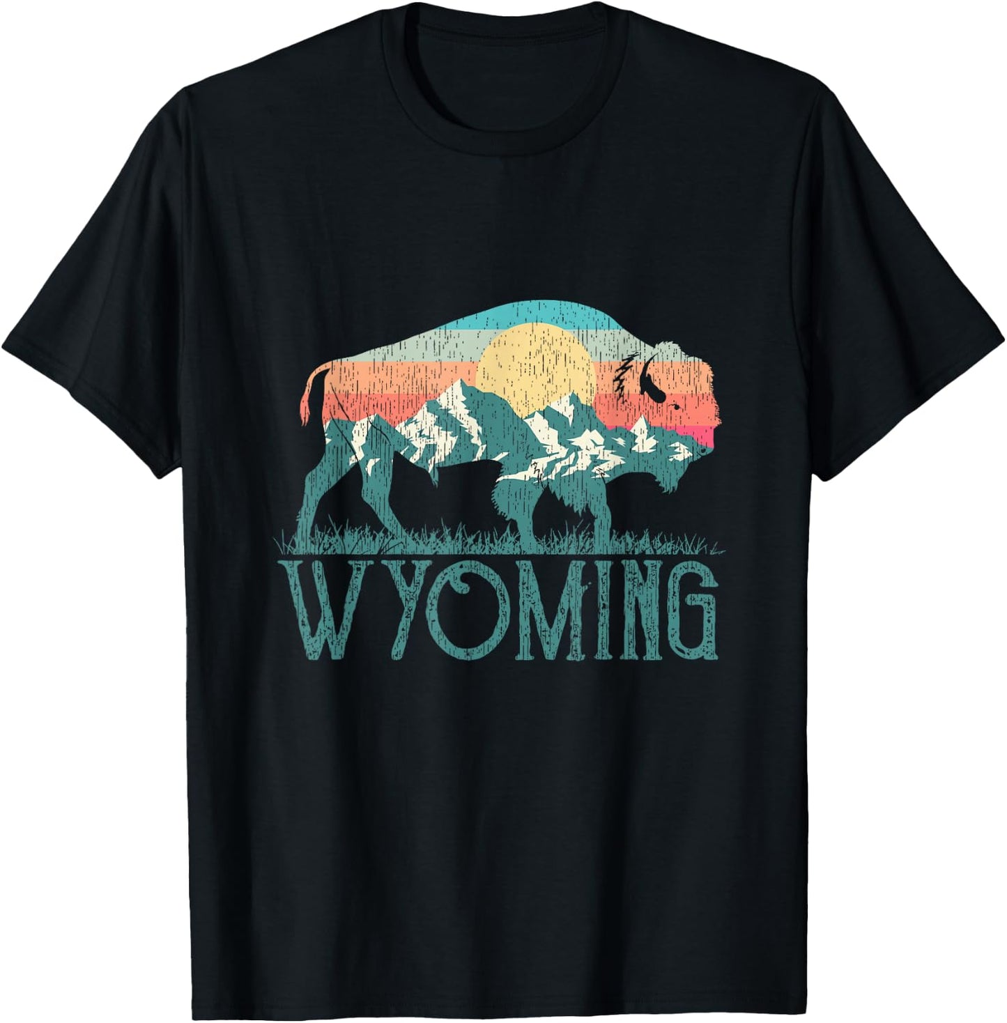 Bison Buffalo Retro Wyoming WY Mountains Retro T-Shirt - T-Shirt | Black