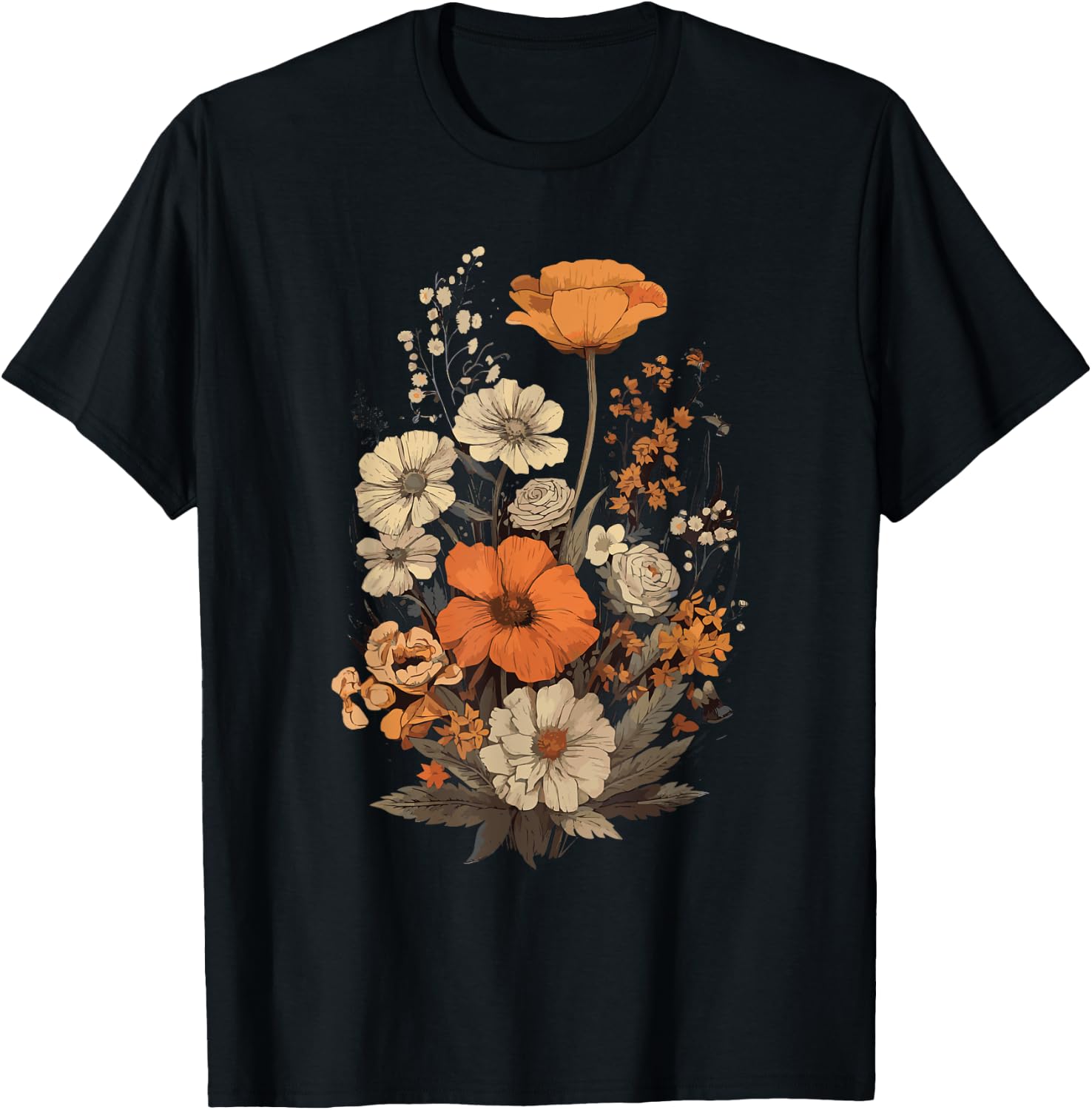 Vintage Flowers Floral Pressed Flower T-Shirt - T-Shirt | Black