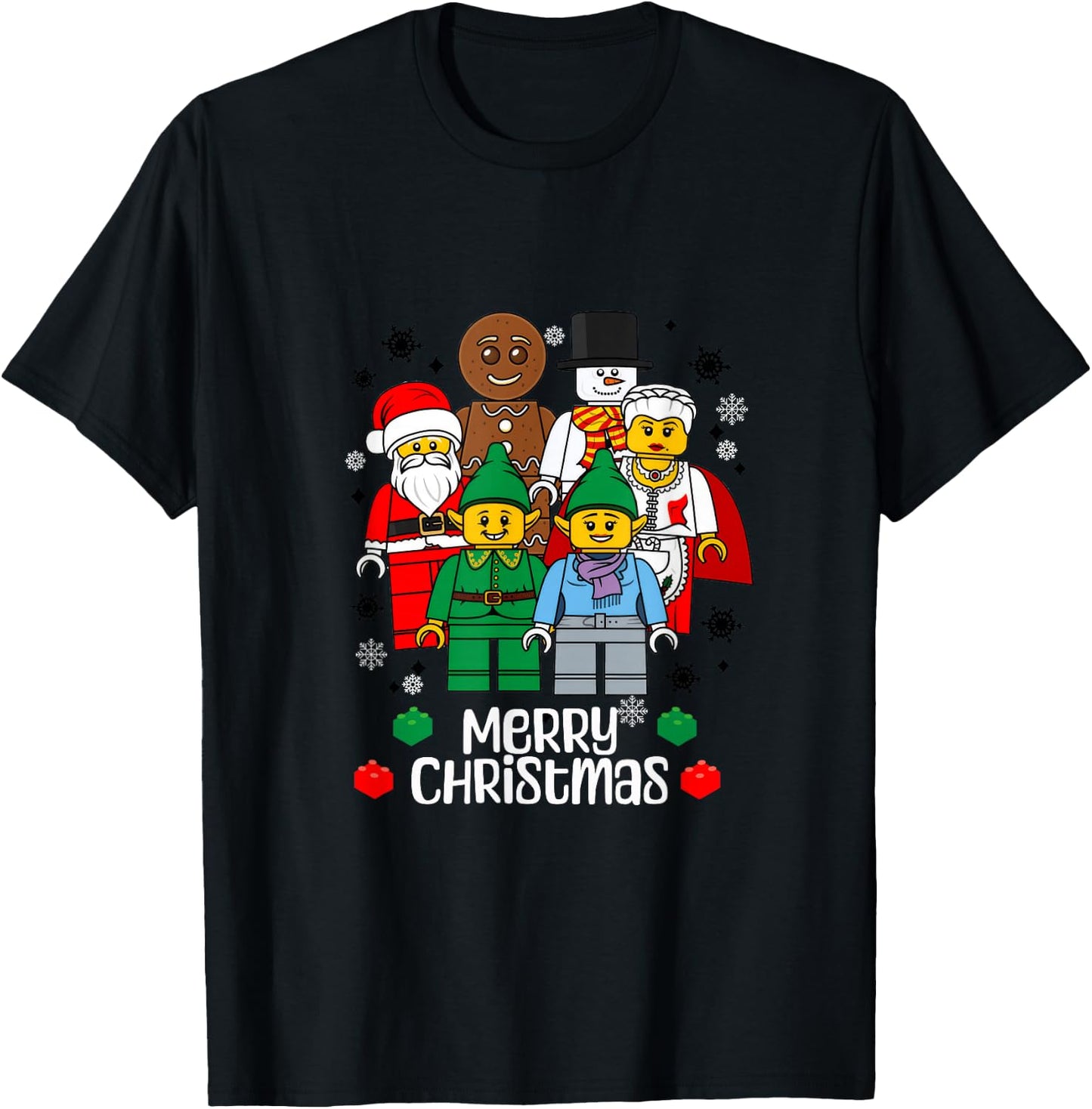 Merry Christmas Building Bricks Santa Elf Snowman Figures T-Shirt - T-Shirt | Black
