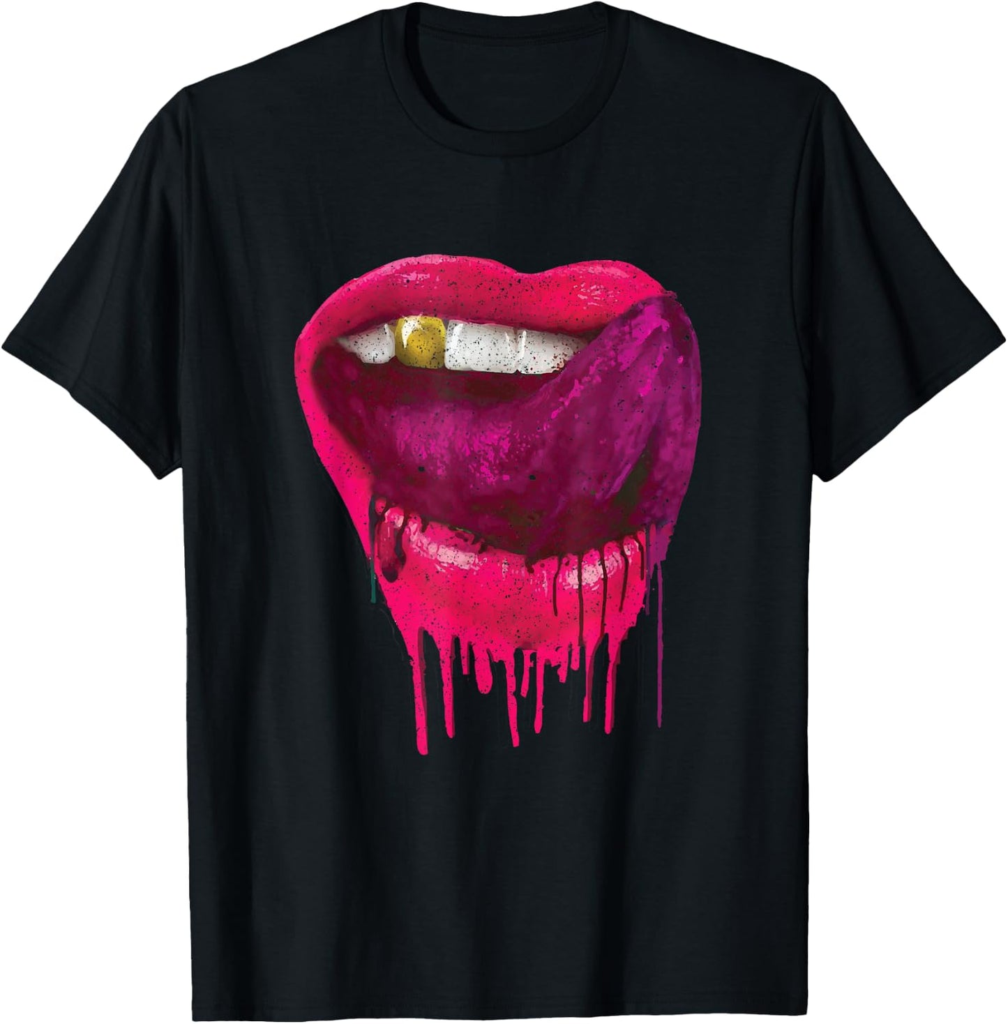 Hot Pink Lips Mouth Tongue Out - Cool Vintage Retro T-Shirt - T-Shirt | Black