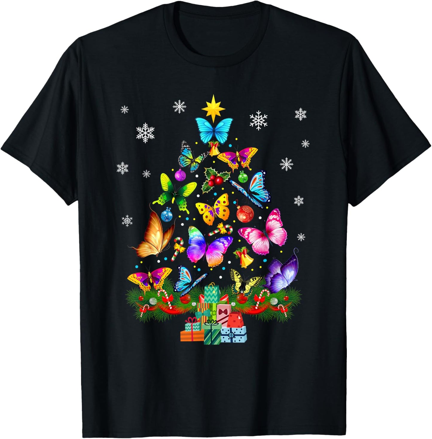 Butterfly Christmas Tree Lights Girl Women Cute Butterfly T-Shirt - T-Shirt | Black
