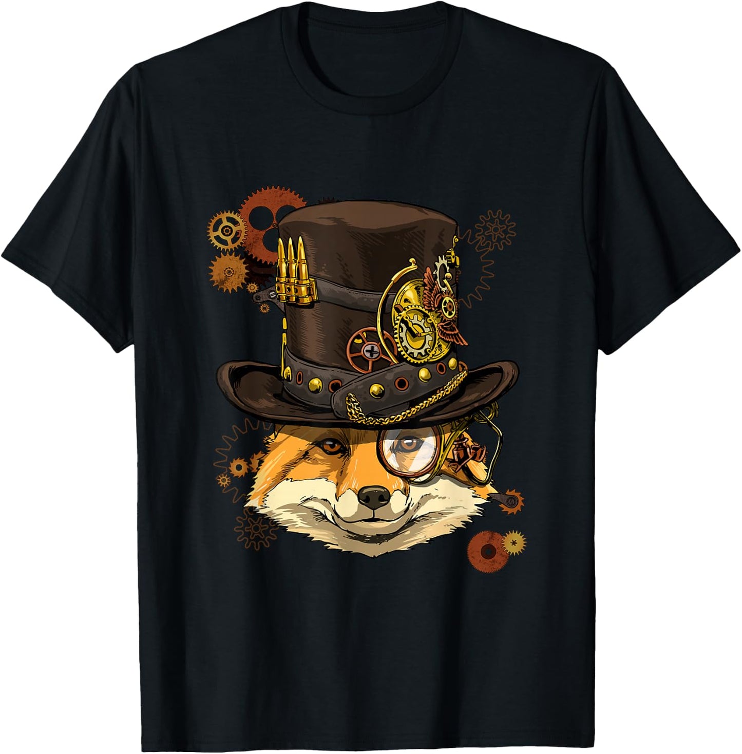 Fox Shirt Steampunk Gears Fox Animal Face Medieval Fox Lover T-Shirt - T-Shirt | Black