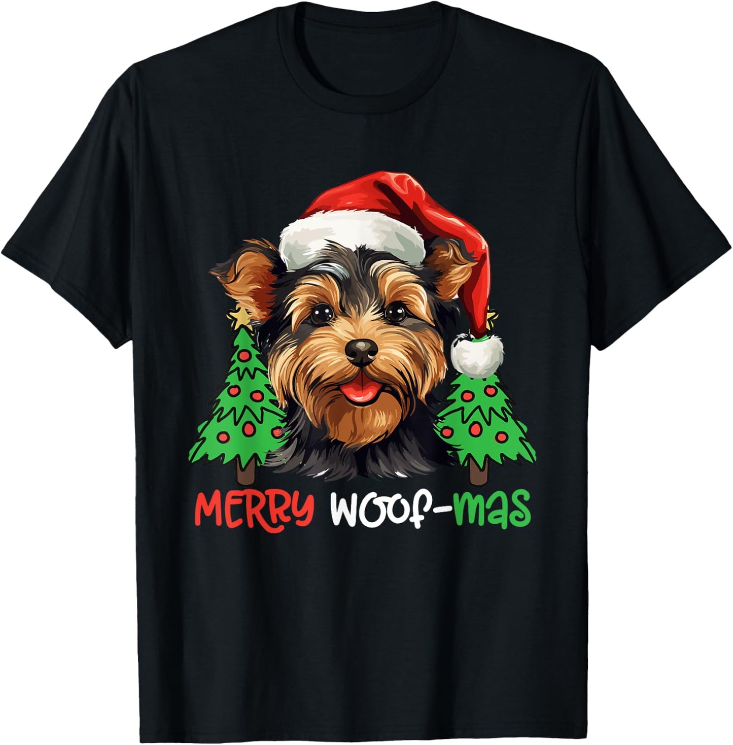 Yorkshire Terrier Yorkie Merry Woof-mas Christmas X-mas T-Shirt - T-Shirt | Black