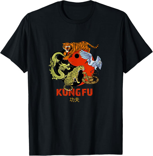 Kung Fu - Five Animals Forms, Chinese Martial Arts T-Shirt - T-Shirt | Black