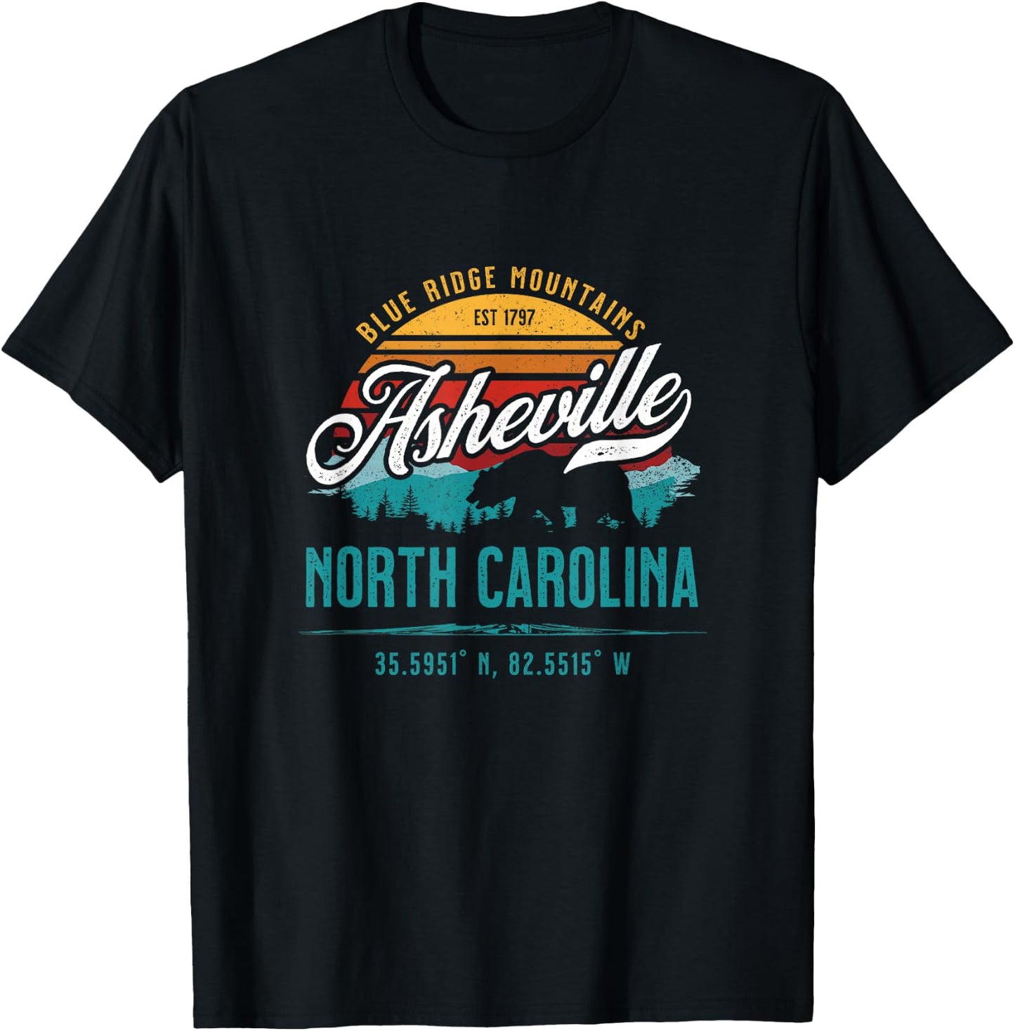 Asheville North Carolina Retro Sunset Blue Ridge Mountains T-Shirt - T-Shirt | Black