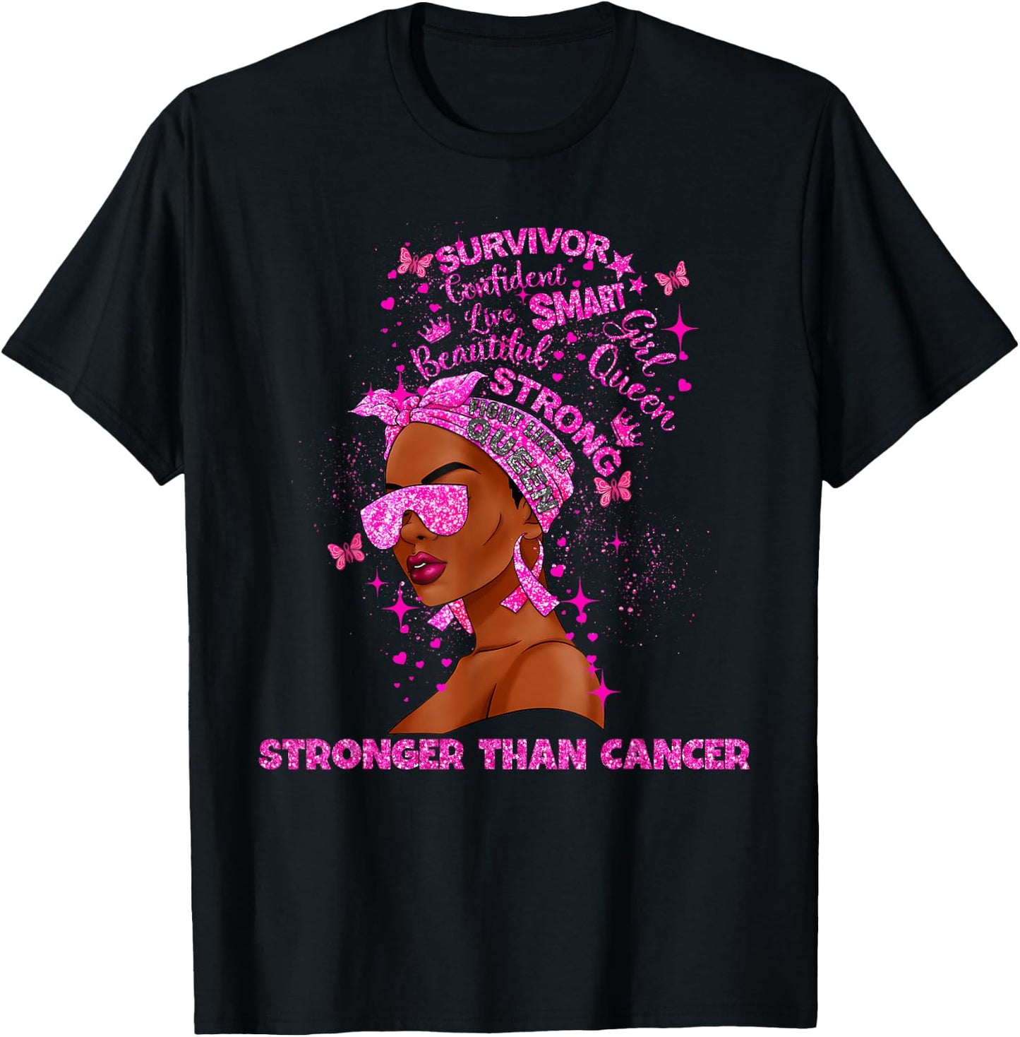 Black Women Queen Stronger Than Breast Cancer Pink Ribbon T-Shirt - T-Shirt | Black