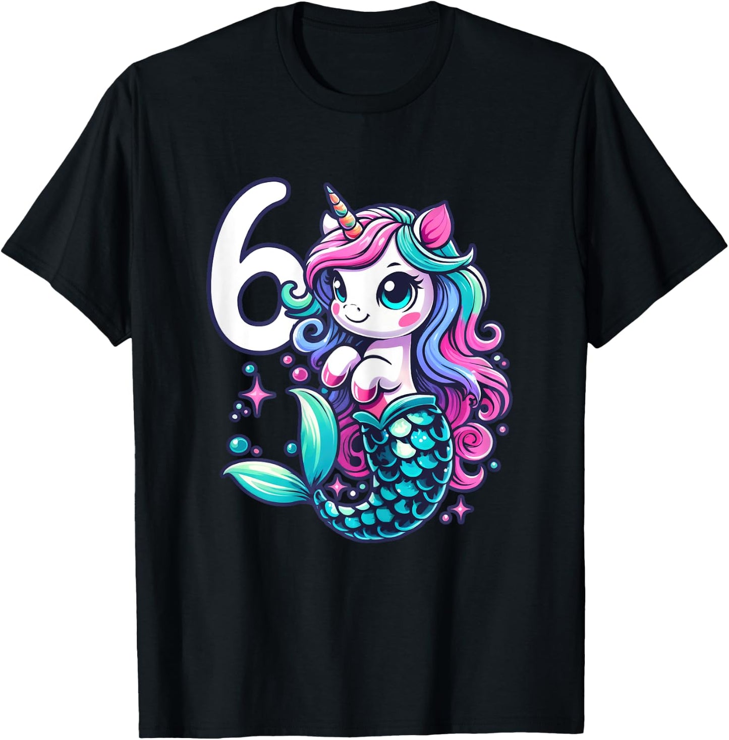 Unicorn Mermaid 6th Birthday 6 Year Old Party Girls Outfit T-Shirt - T-Shirt | Black
