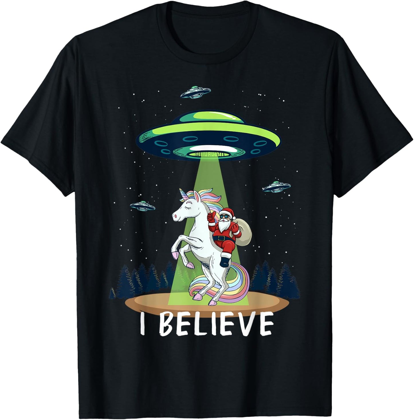 Santa Claus Riding Unicorn Alien space UFO Christmas Design T-Shirt - T-Shirt | Black
