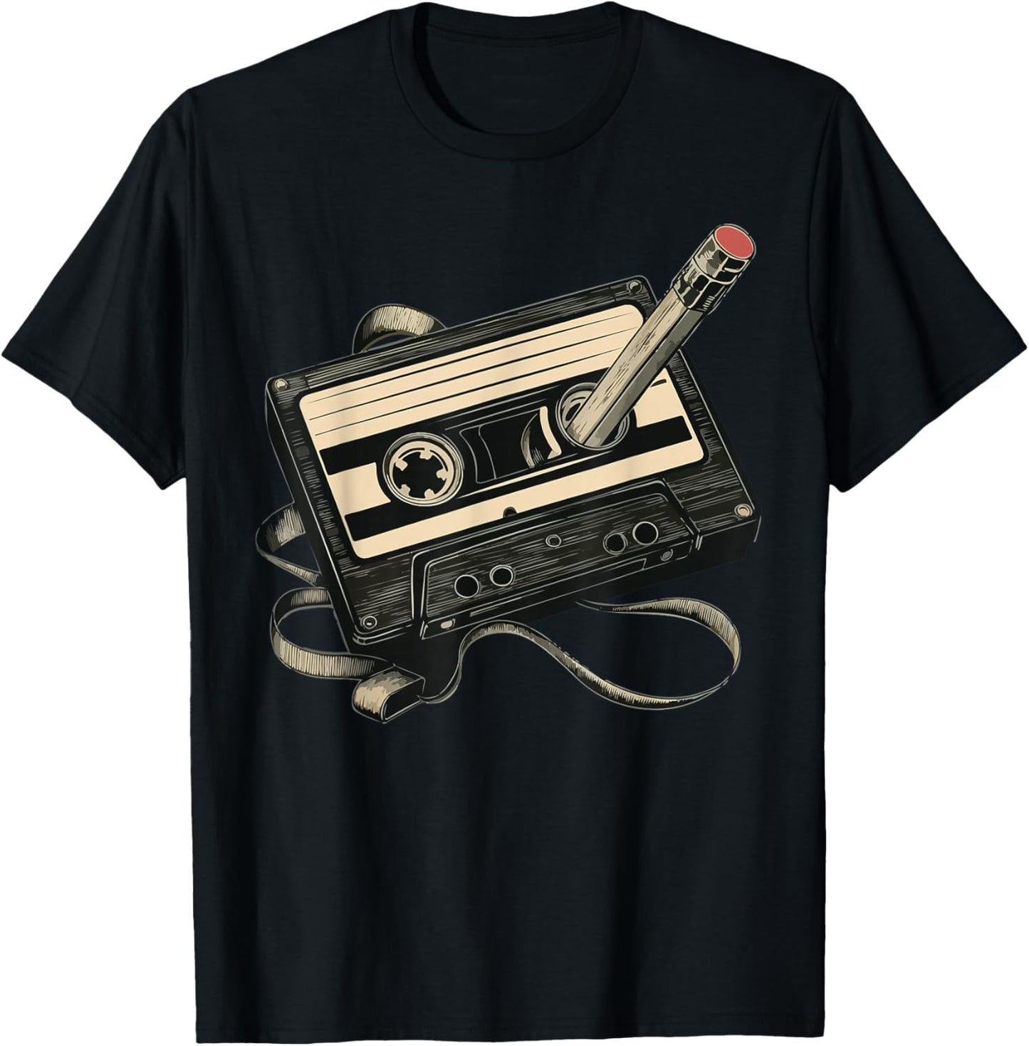 Retro Cassette Tape with Pencil Rewind T-Shirt - T-Shirt | Black