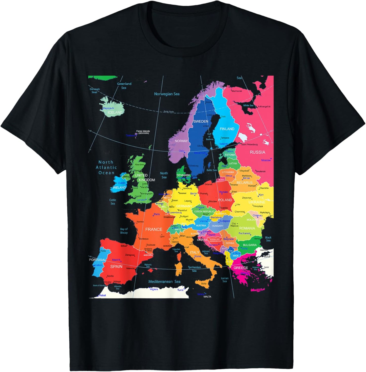 Map of Europe with Border, Countries, Capitals, Large Cities T-Shirt - T-Shirt | Black