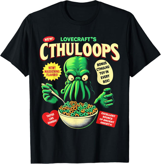 Cthuloops Cereal Parody for Horror Fans - Cthulhu T-Shirt - T-Shirt | Black