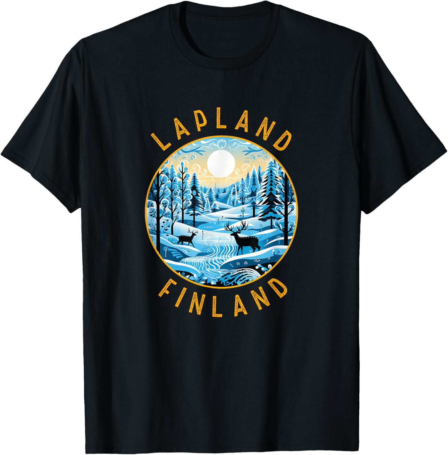 Lapland Finland Deer Retro Distressed Circle T-Shirt - T-Shirt | Black