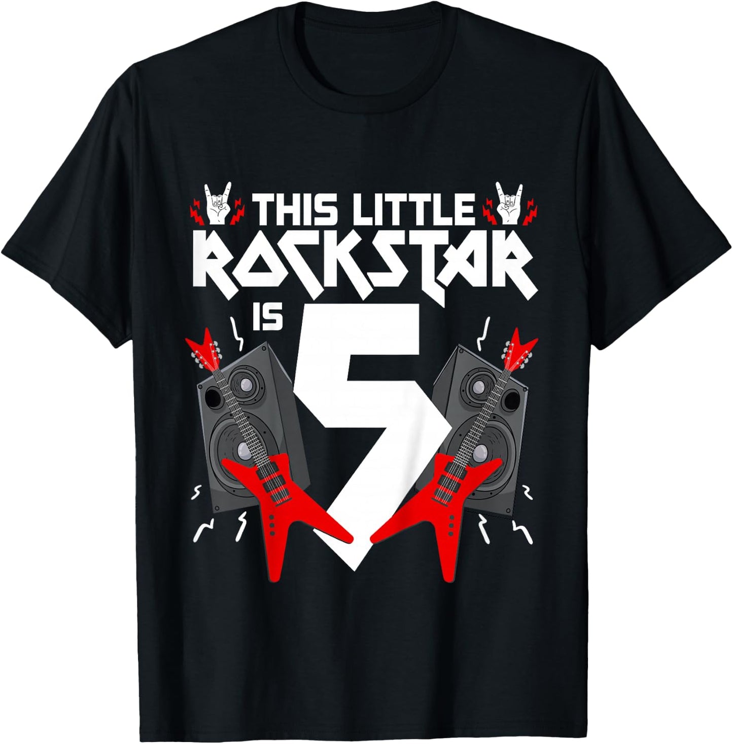 5 Year Old Rock And Roll Star Birthday Party Guitar 5th Gift T-Shirt - T-Shirt | Black
